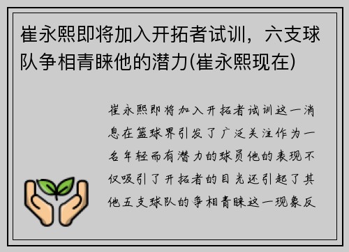 崔永熙即将加入开拓者试训，六支球队争相青睐他的潜力(崔永熙现在)