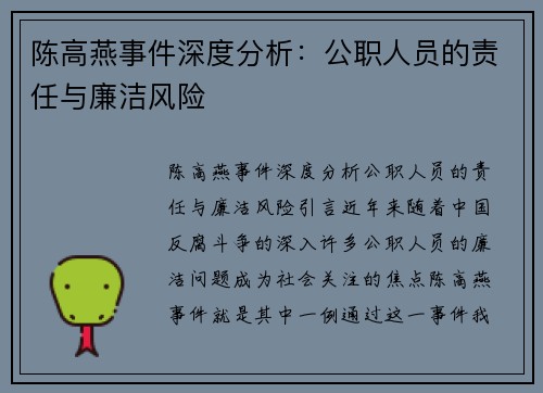陈高燕事件深度分析：公职人员的责任与廉洁风险