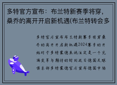 多特官方宣布：布兰特新赛季将穿，桑乔的离开开启新机遇(布兰特转会多特蒙德)