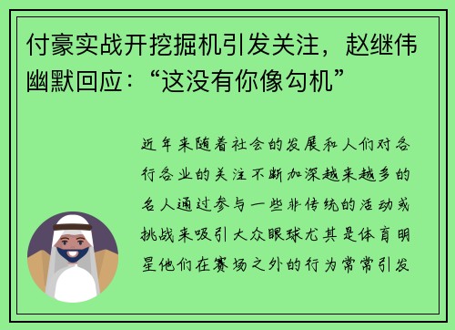 付豪实战开挖掘机引发关注，赵继伟幽默回应：“这没有你像勾机”