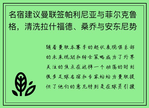 名宿建议曼联签帕利尼亚与菲尔克鲁格，清洗拉什福德、桑乔与安东尼势在必行