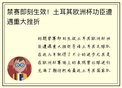 禁赛即刻生效！土耳其欧洲杯功臣遭遇重大挫折