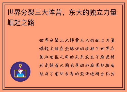 世界分裂三大阵营，东大的独立力量崛起之路